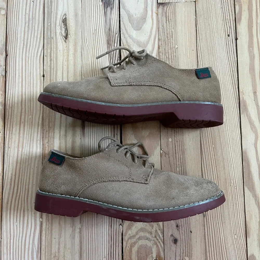 GH Bass Co Junior Suede Oxford Shoes Tan Beige Brick Red Sole Mens 5M 0402-6939
